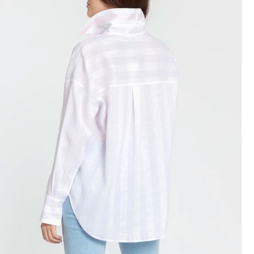 Hinson Wu Larissa Size S Oversize 100% Linen Striped Cabana Beach Resort Coastal - Picture 2 of 12